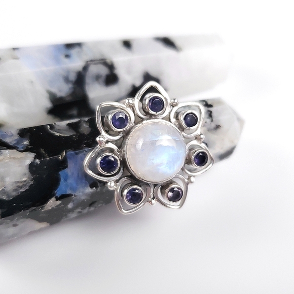 925 Sterling Silver Rainbow Moonstone and Iolite Flower Ring Size 7.5 - Picture 6 of 16